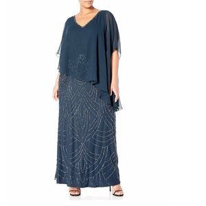 J KARA Embellished Scallop Beaded Pop-Over Sequin Formal Gown 20W Gray/Silver